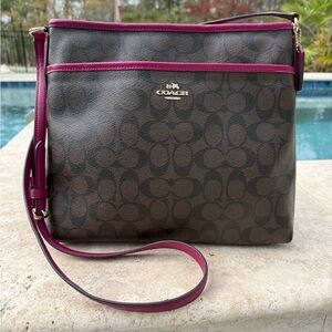 Coach Brown Signature Crossbody with Magenta Trim